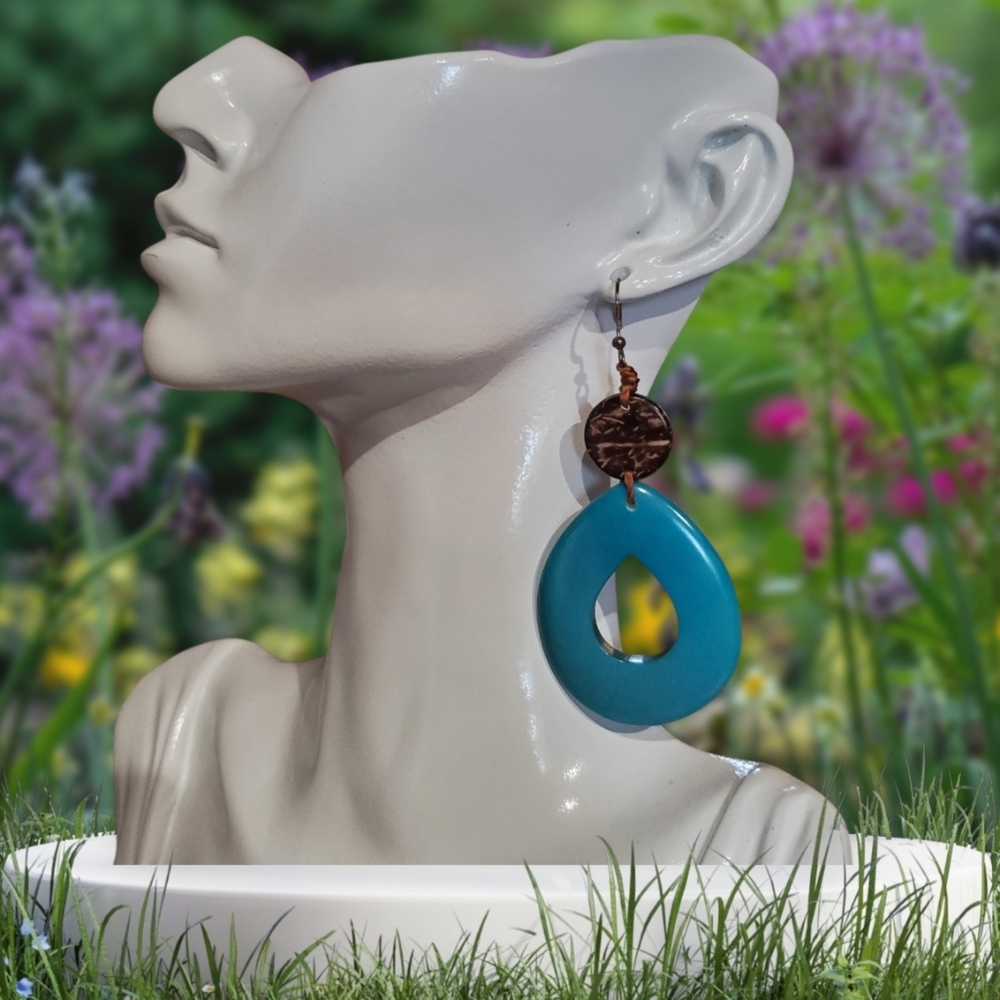 Tagua Nut Turquise Teardrop Earrings With Brown Round Bead Fair Trade